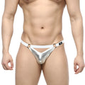 Silver metallic thong with white waistband and black rings from metromalewear picante jock strap 2921-01