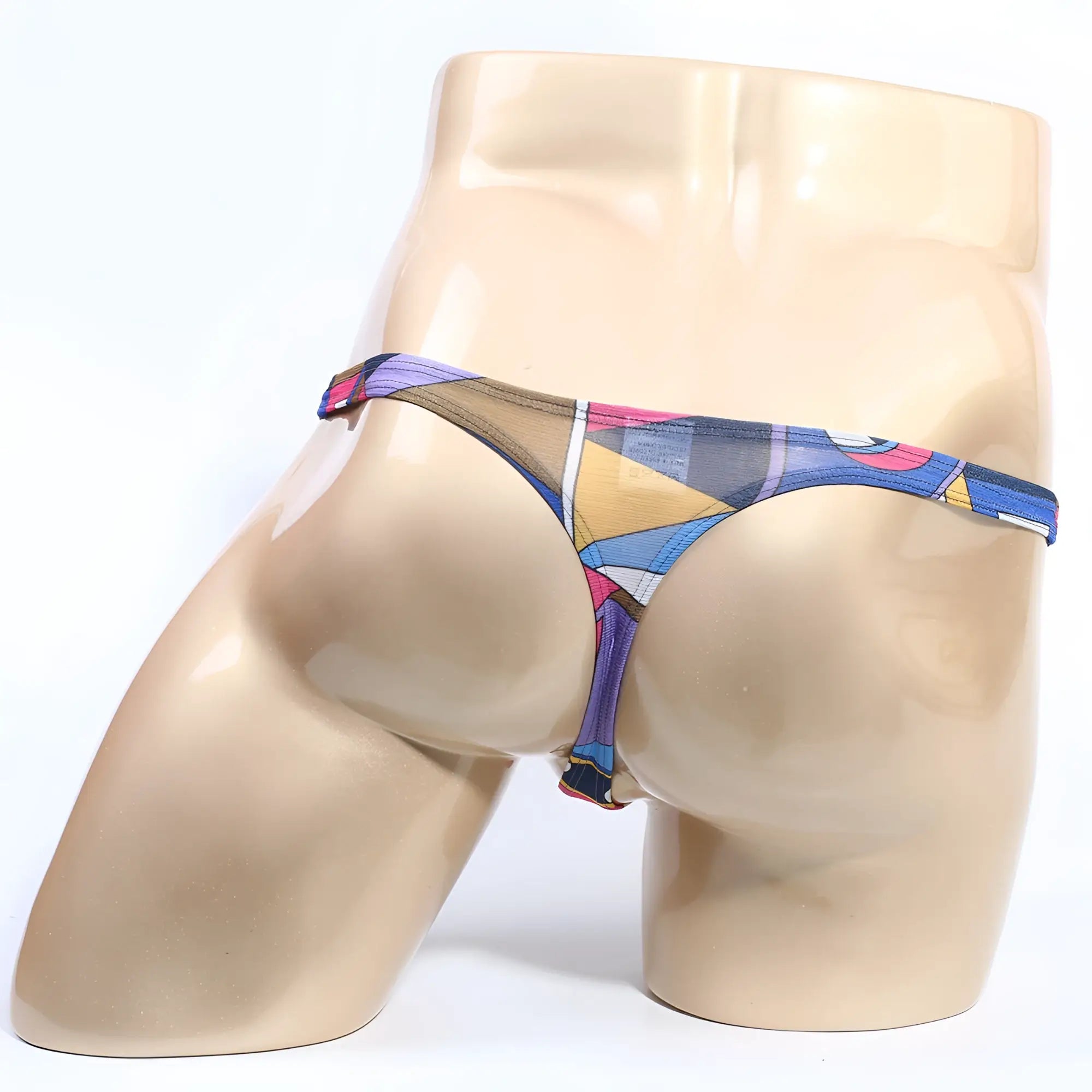 MetroMaleWear Picasso thong 2302-M87 in blue purple yellow and pink geometric pattern made of stretchy fabric
