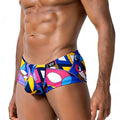 MetroMaleWear Picasso Trunk 2125-51 vibrant abstract patterned men’s swim trunks in bold blue pink yellow and purple hues
