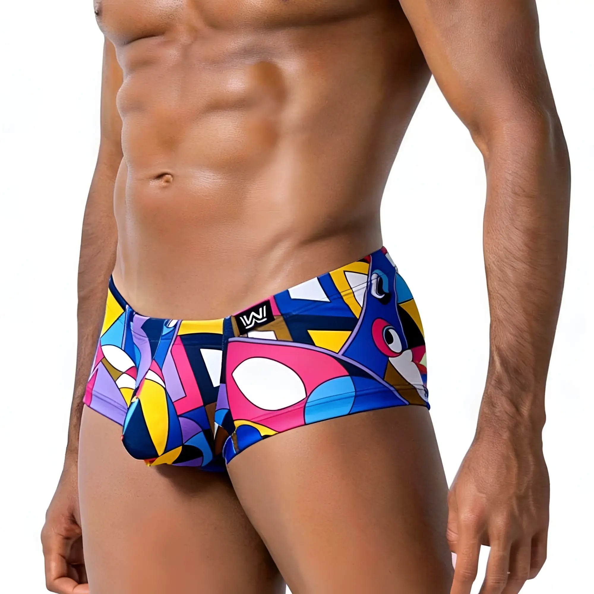 MetroMaleWear Picasso Trunk 2125-51 vibrant abstract patterned men’s swim trunks in bold blue pink yellow and purple hues