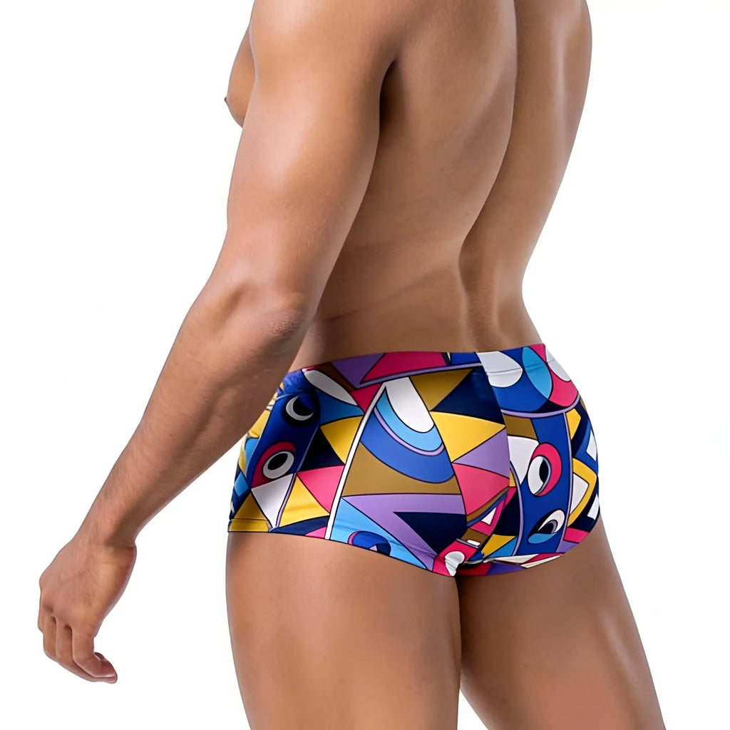Metro male wear picasso trunk 2125-51 vibrant geometric swim trunks in bold blues pinks yellows and purples