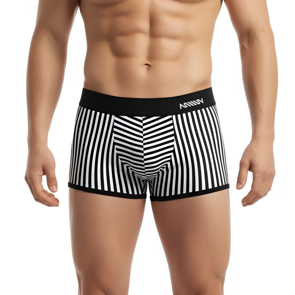 Black and white striped men’s boxer briefs with black waistband branded anhui from metro male wear pierrot boxer jock