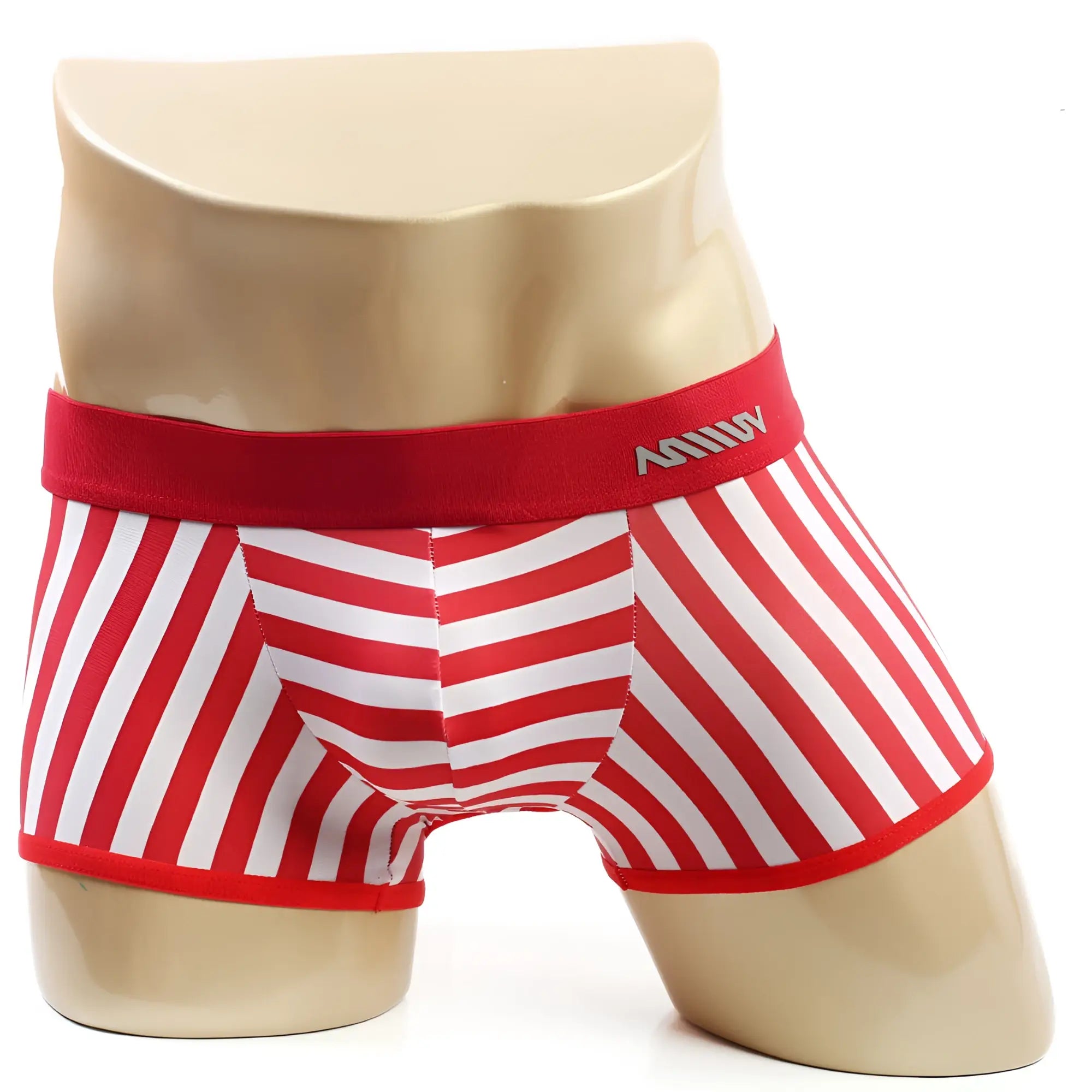 Red and white striped mens boxer briefs with solid red waistband and anhui branding from metromalewear pierrot boxer jock