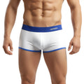 White athletic MetroMaleWear Pierrot boxer jock briefs with blue trim and minny logo waistband 2306-00