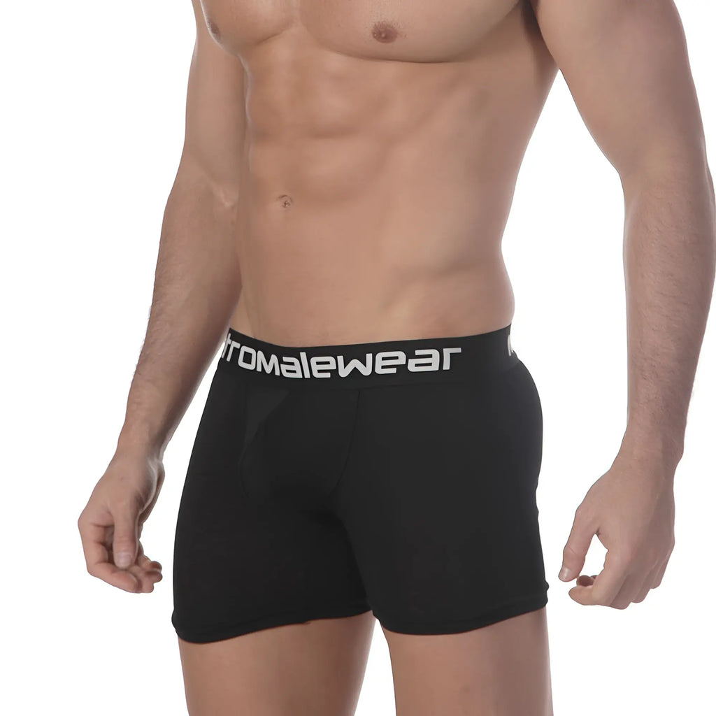 Black mens pima cotton boxer briefs in black with white promalewear logo on waistband metroMaleWear 3027-20