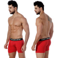 Red men’s pima cotton boxer briefs with black elastic waistband featuring metromalewear branding model 3027-12