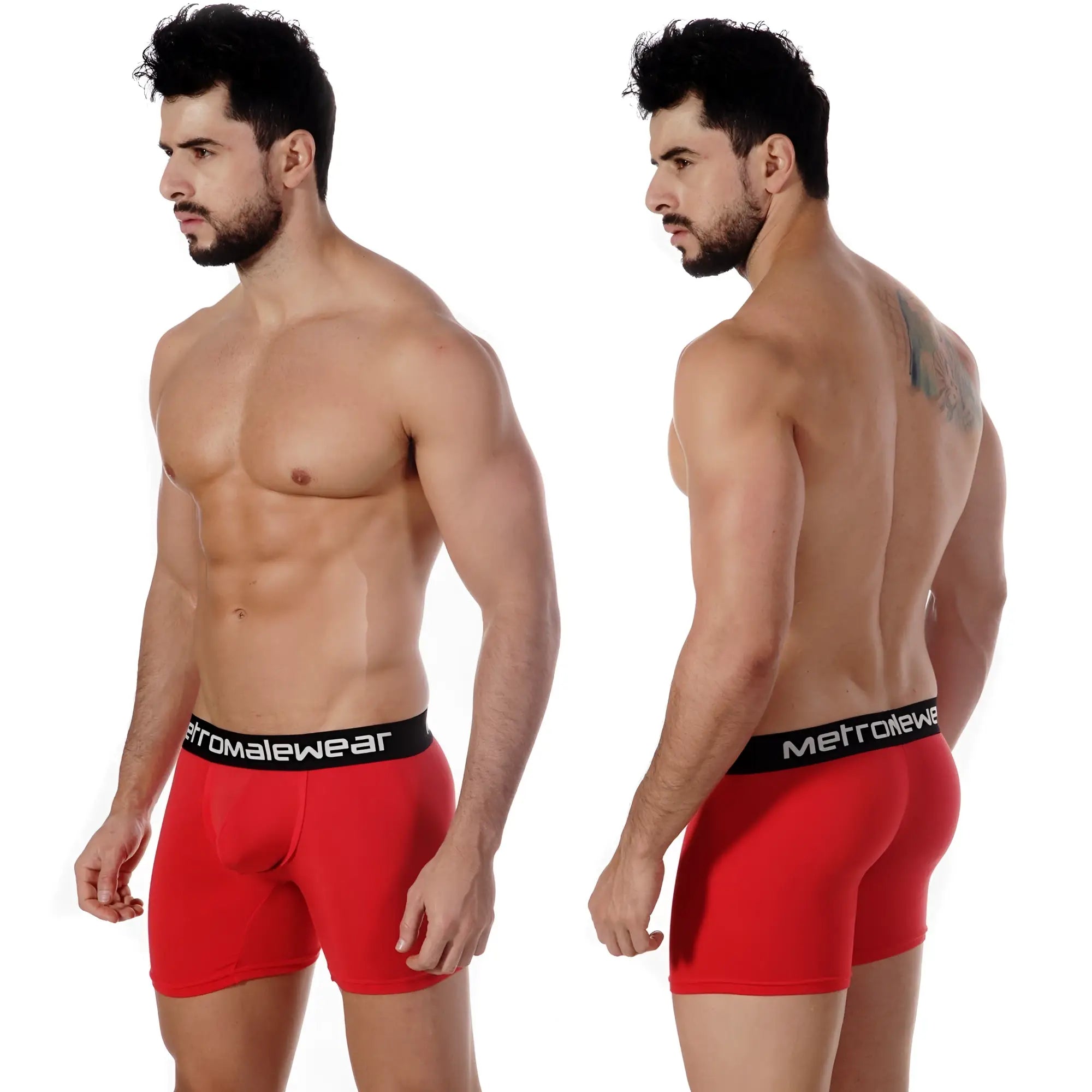 Red men’s pima cotton boxer briefs with black elastic waistband featuring metromalewear branding model 3027-12