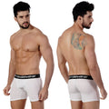 White mens pima cotton boxer briefs with black elastic waistband featuring romalewear brand name metro malewear 3027-00