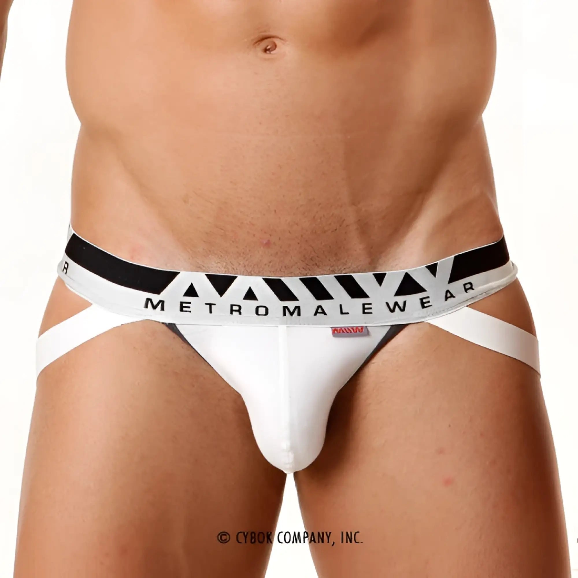 White metromalewear pima cotton jock strap briefs with black and white geometric patterned waistband front view