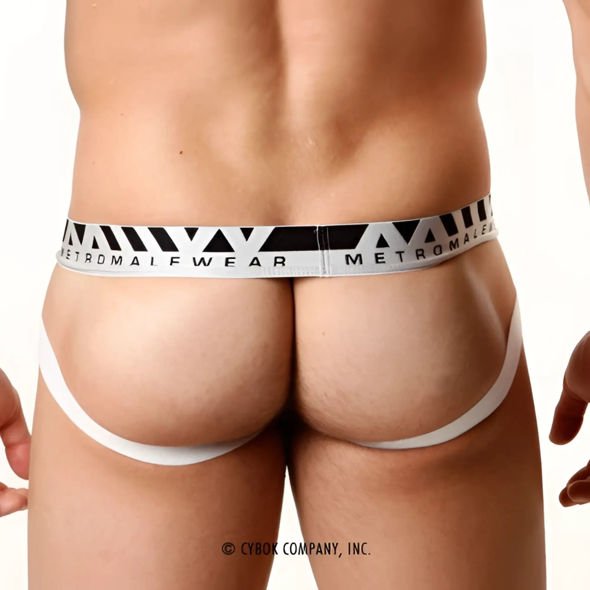 White metromalewear pima cotton jock strap briefs with black and white geometric patterned waistband front view