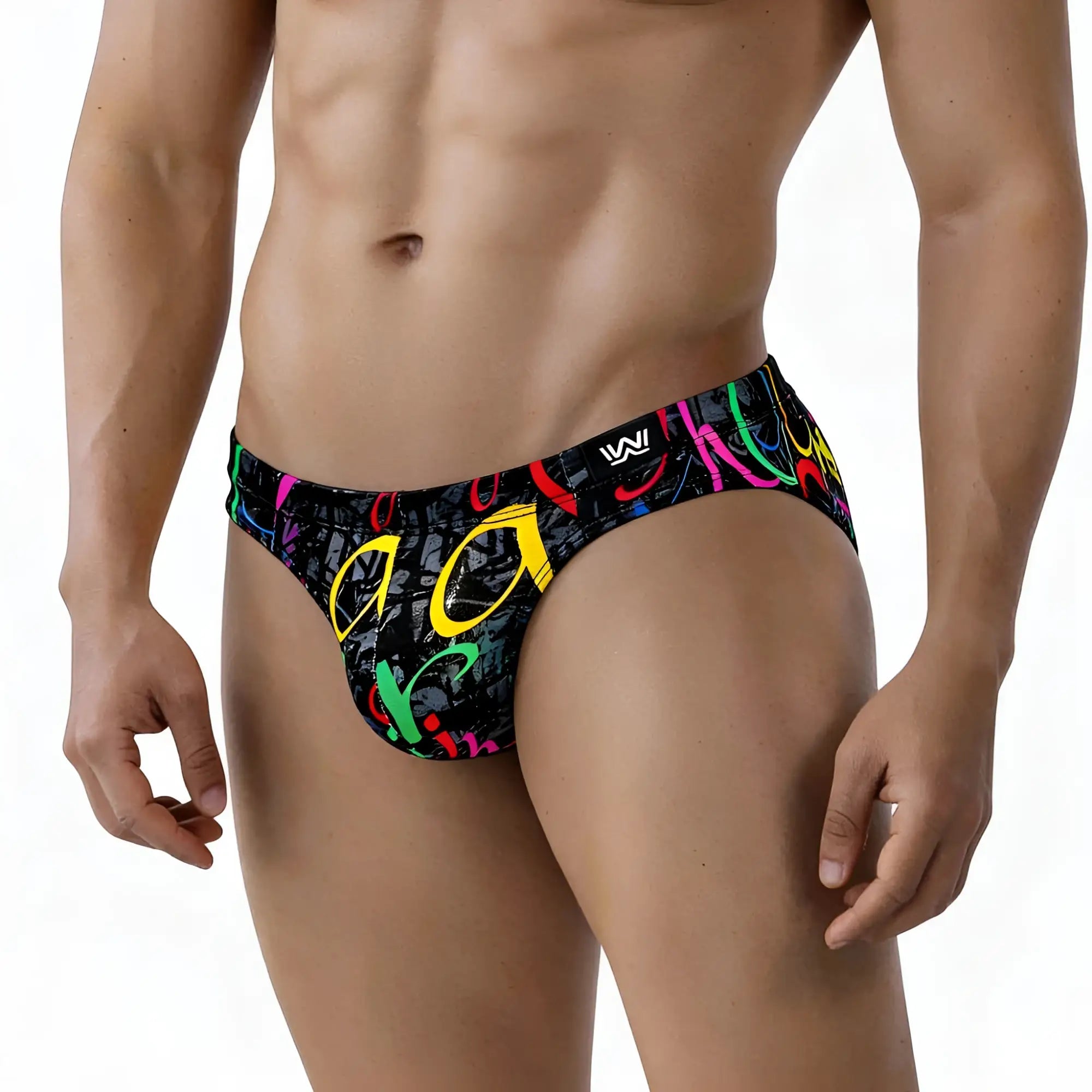 Black swim trunks MetroMaleWear Pinaculo Bikini 5103-M85 with vibrant neon pink yellow green and red graffiti graphic