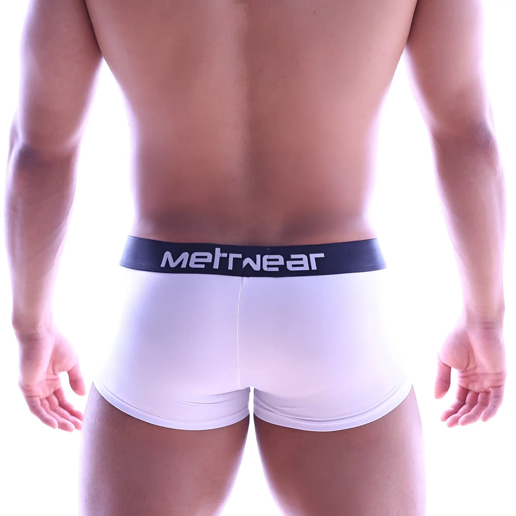White metroMaleWear briefs with black elastic waistband featuring white metwear logo from Pinup Girl Trunk Reparing Car collection