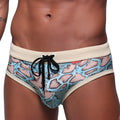 MetroMaleWear Piton swim brief turquoise with blue and pink snake scale pattern cream waistband and black drawstring