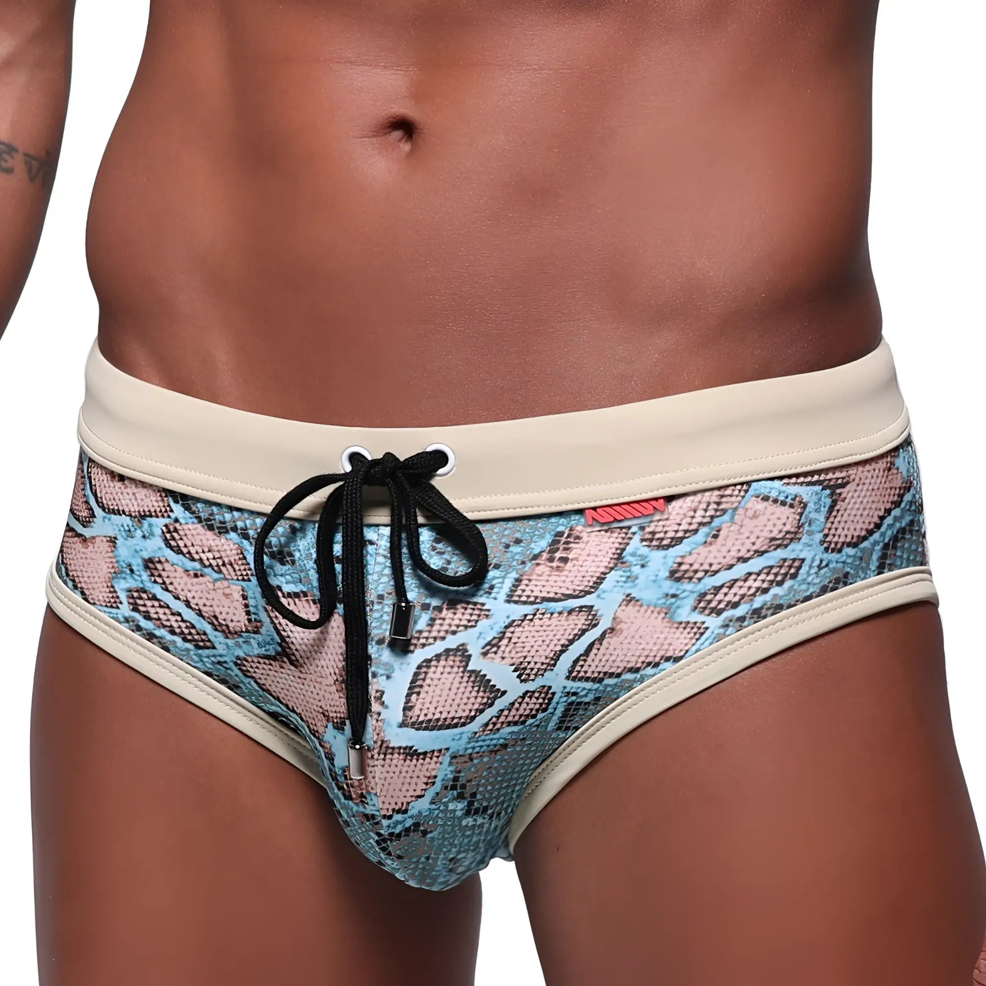 MetroMaleWear Piton swim brief turquoise with blue and pink snake scale pattern cream waistband and black drawstring