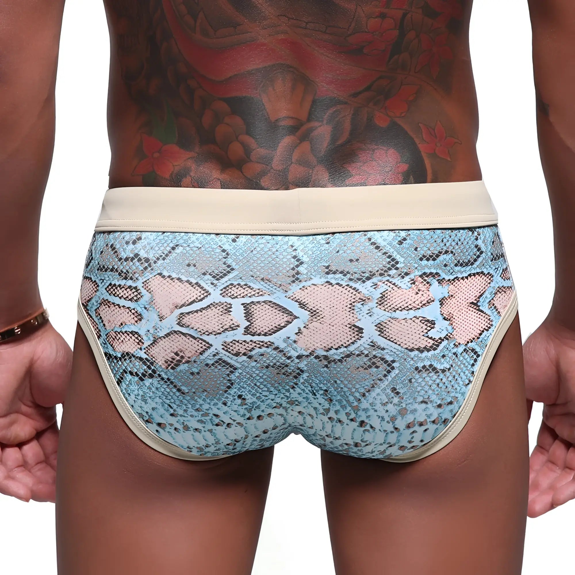 MetroMaleWear piton swim brief in turquoise light blue snake print with beige trim for men