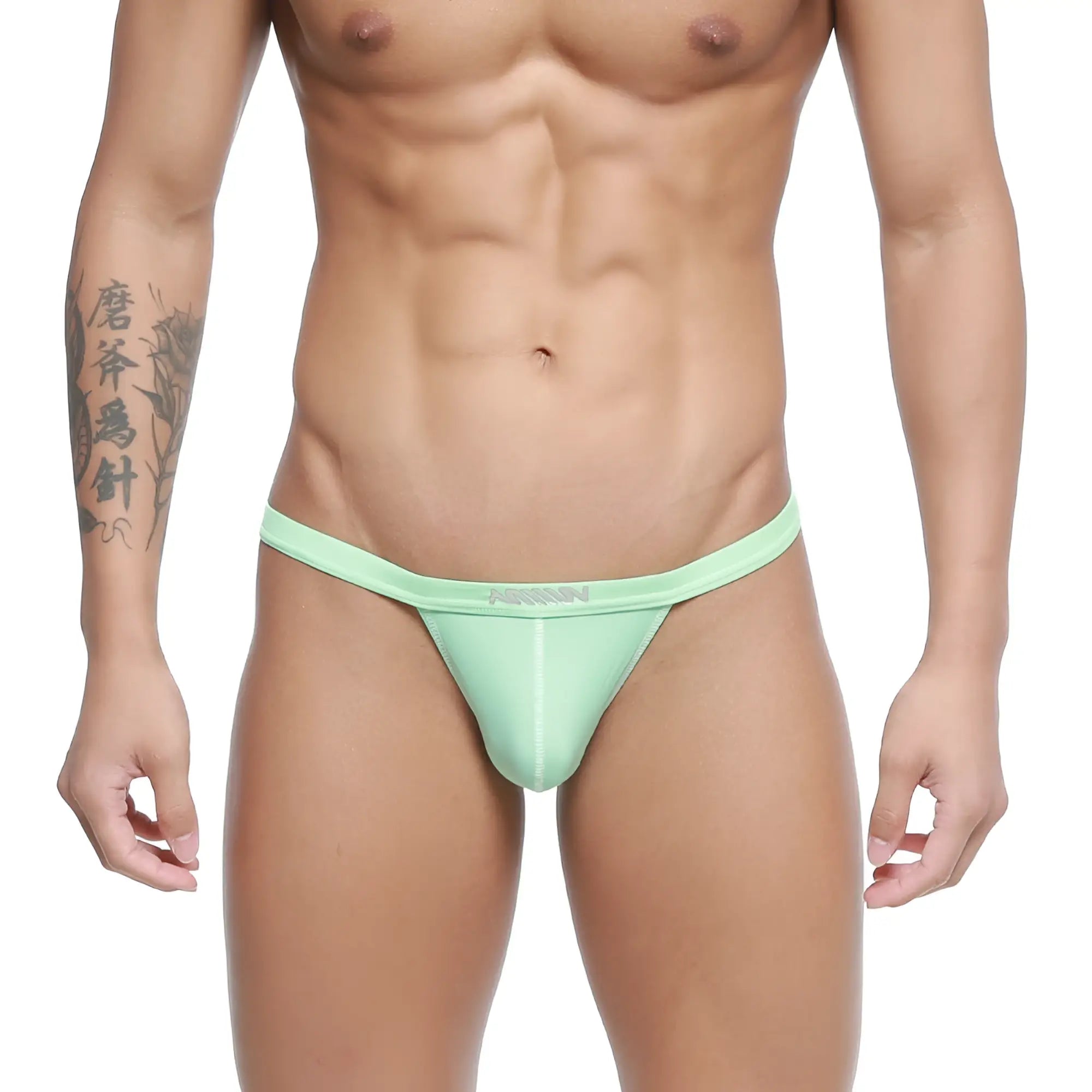 Mint green nylon thong with subtle MetroMaleWear logo on waistband from Plano Bikini Green 3334-07 collection