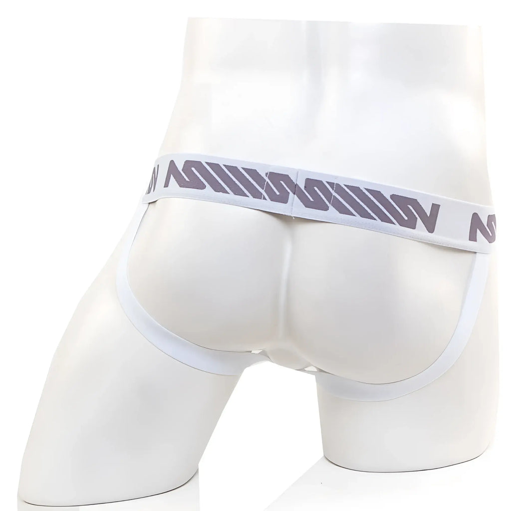 White men’s briefs with a gray patterned waistband featuring stylized lettering from metromalewear pocket jock strap pine green 3201-07