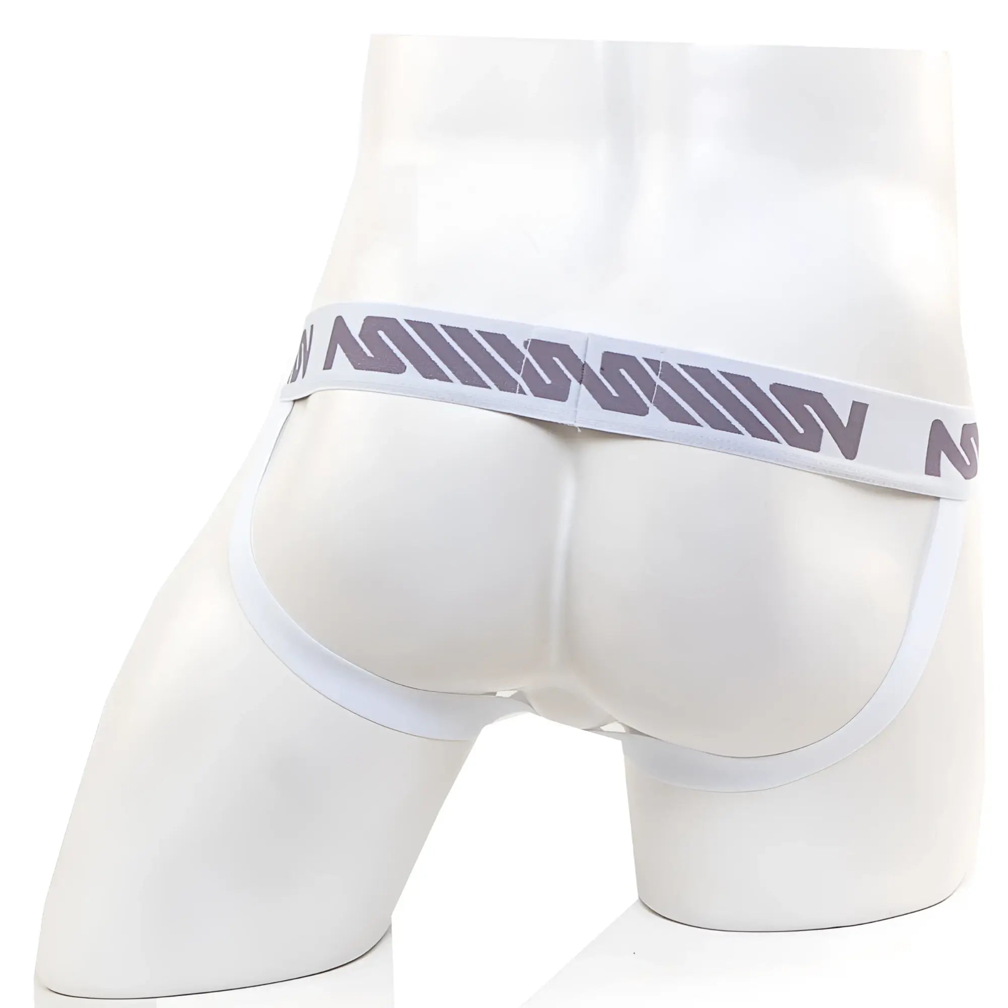 White men’s briefs with a gray patterned waistband featuring stylized lettering from metromalewear pocket jock strap pine green 3201-07