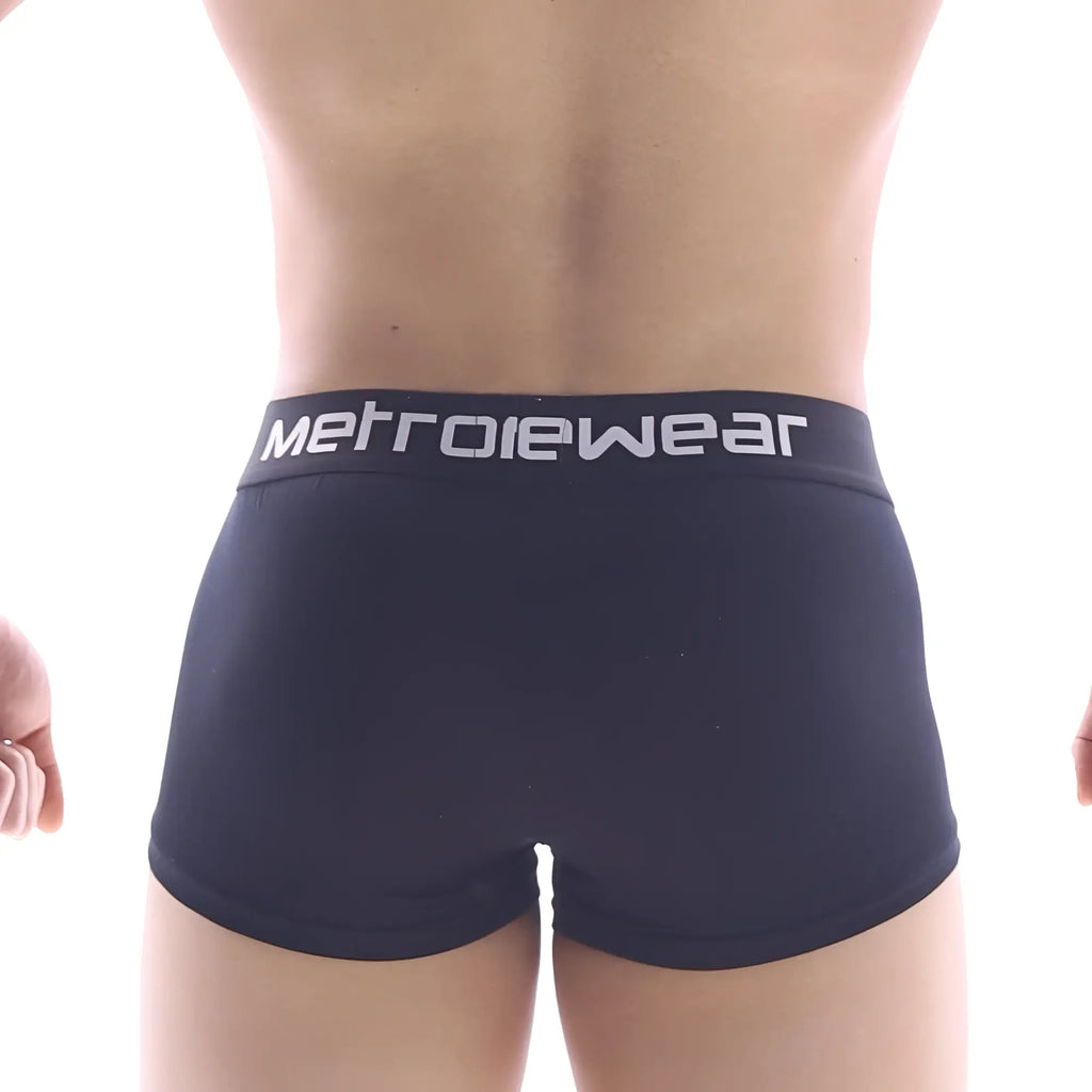 Black metrowear briefs with a white logo waistband from MetroMaleWear pocket short boxer 3113-20 collection