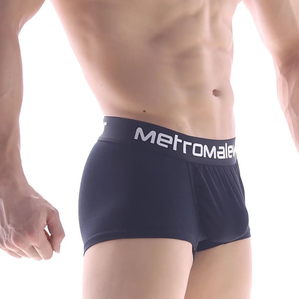 Navy blue metromale boxer briefs with white branded waistband ideal for comfortable everyday wear
