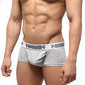 Gray heathered mens briefs with white elastic waistband featuring repeating dark gray n logo by Metromalewear
