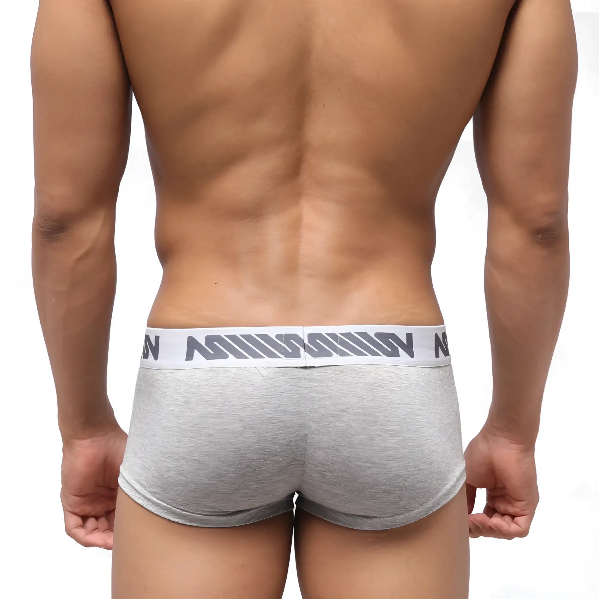 Gray heathered metro male wear pocket short boxer briefs with white elastic waistband and gray n logo pattern
