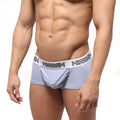 Light gray athletic briefs with a white elastic waistband featuring bold black lettering from metromalewear pocket short boxer lavender 3113-07