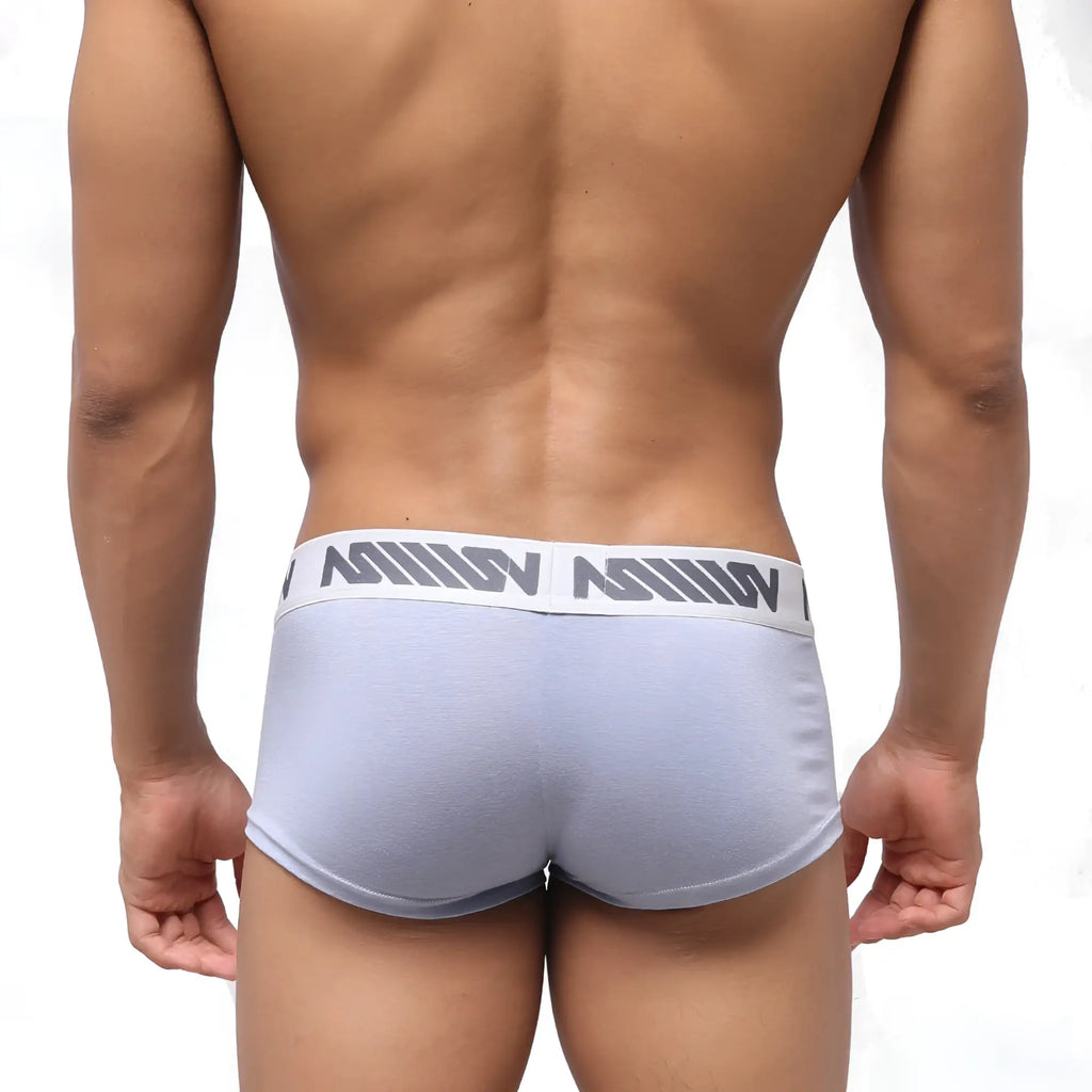 Light gray metro male wear pocket short boxer with white waistband and dark gray logo pattern for athletic use