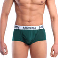 Dark green mens boxer briefs with white elastic waistband and gray n logo pattern metro male wear pocket short pine green