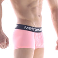 Pink metromale boxer briefs with a black waistband and white lettering designed for comfort and style