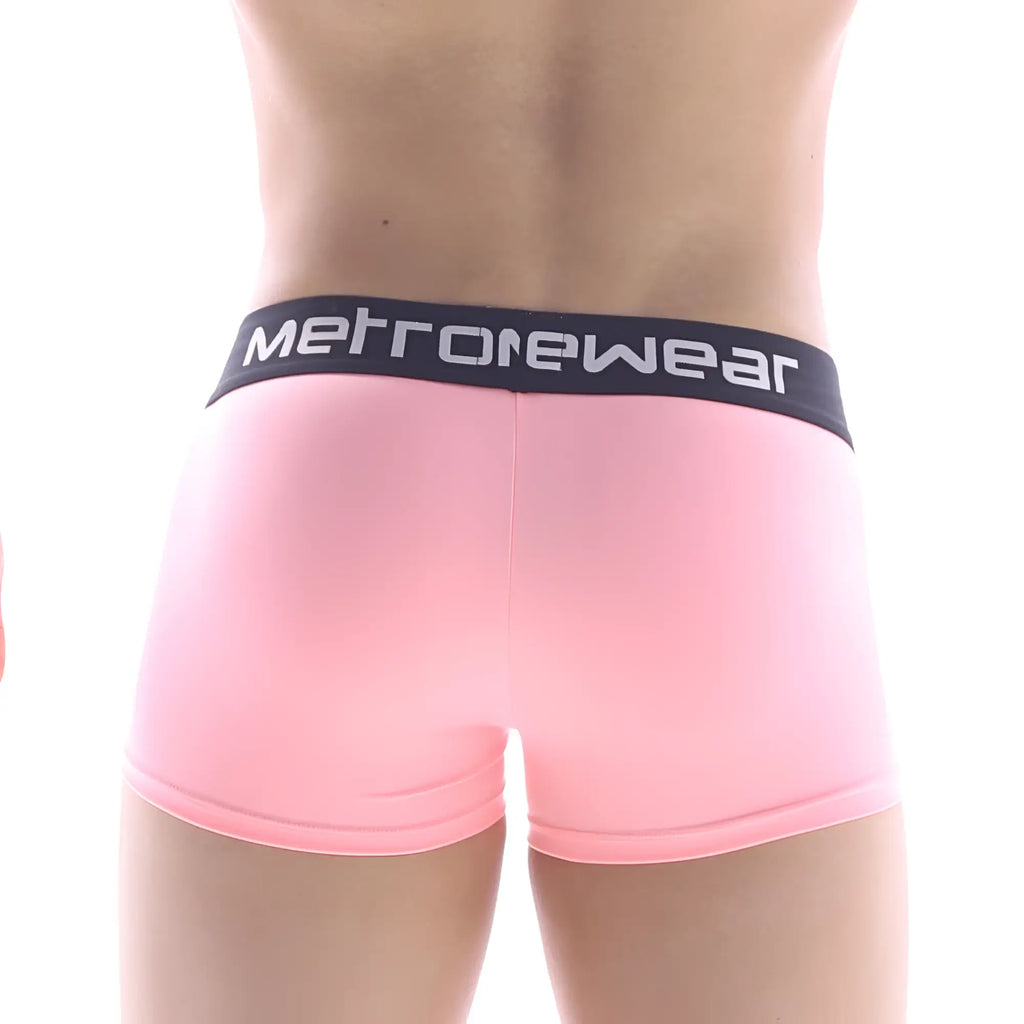 Pink metrowear pocket short boxer briefs with black waistband and white lettering for comfortable everyday wear