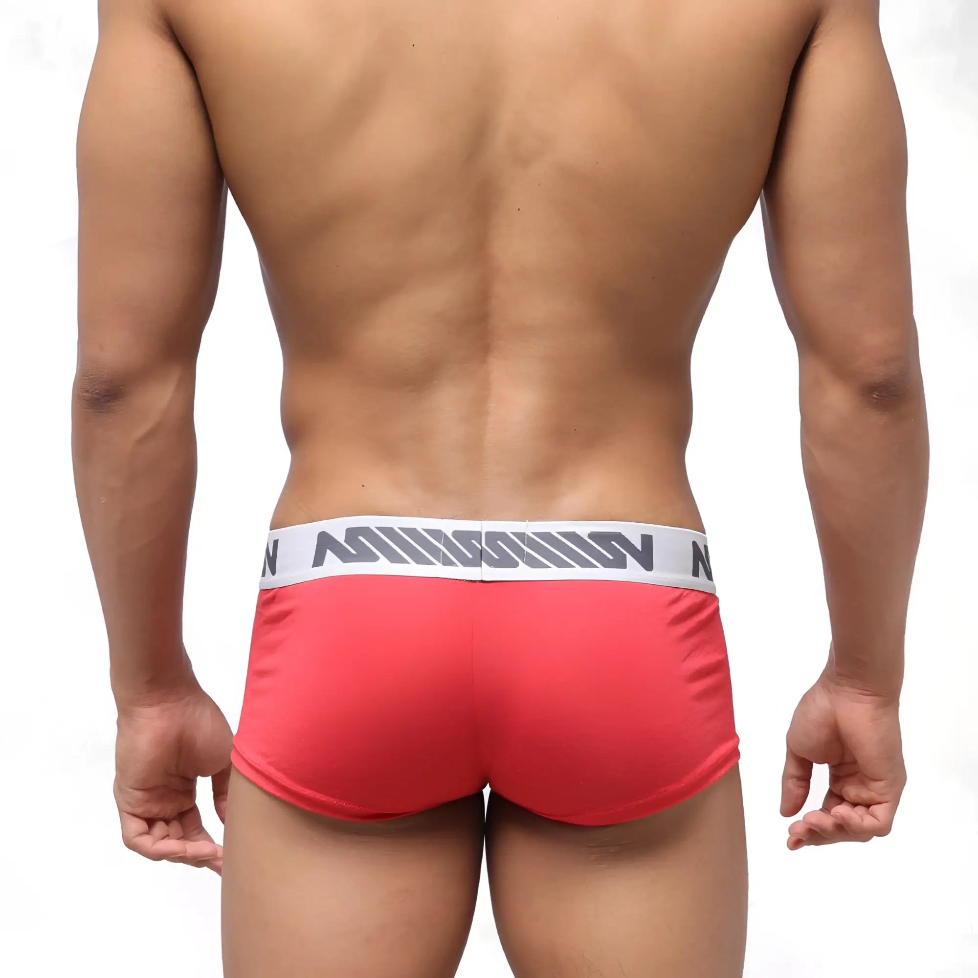 Red men’s briefs metro malewear pocket short boxer with white elastic waistband and gray mission logo