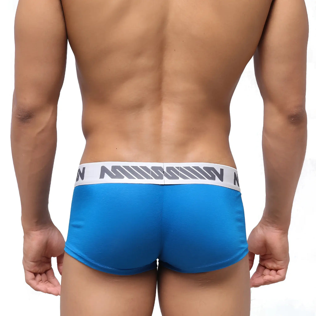 Blue athletic MetroMaleWear pocket short boxer with white waistband gray stripes and misson branding in royal blue