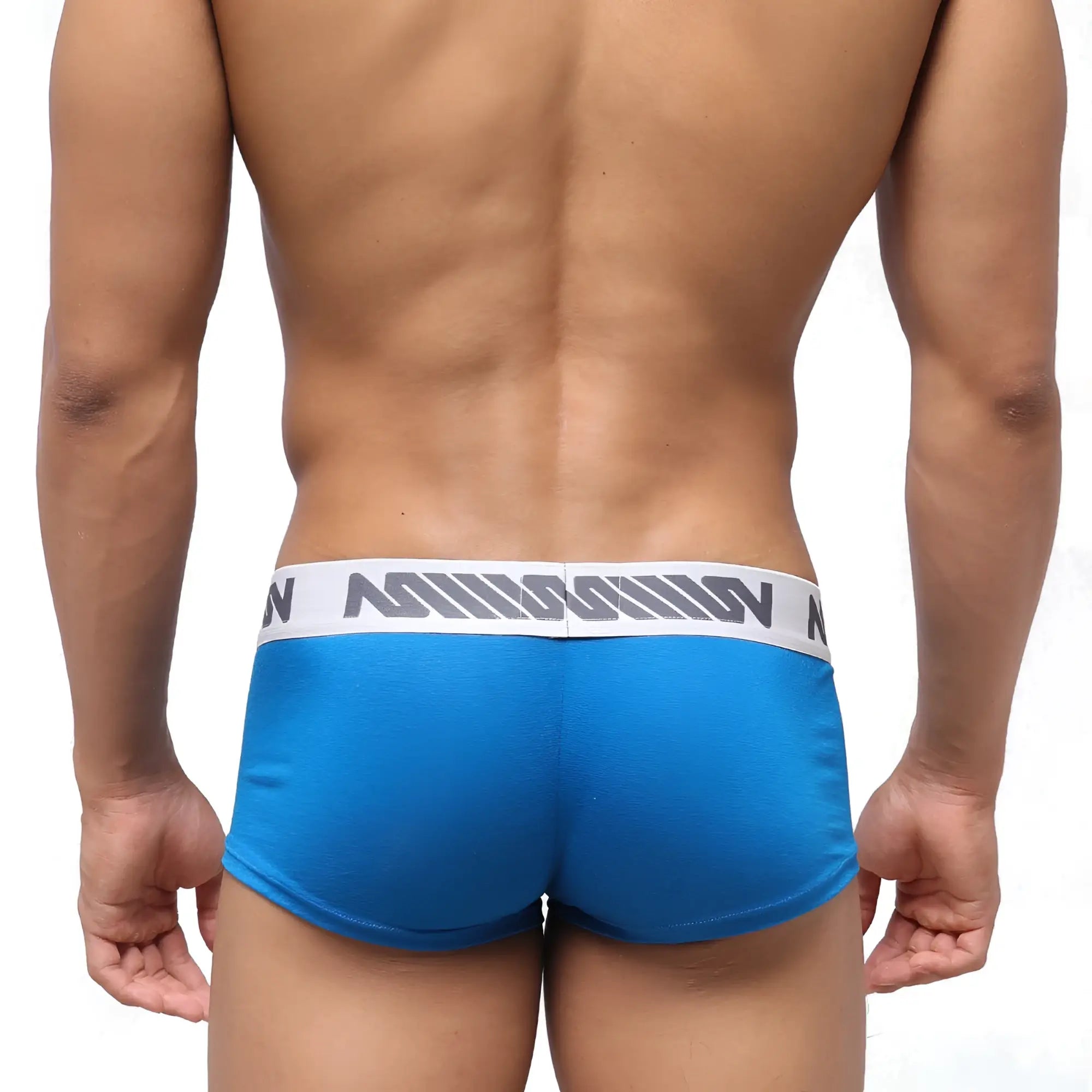 Blue athletic MetroMaleWear pocket short boxer with white waistband gray stripes and misson branding in royal blue