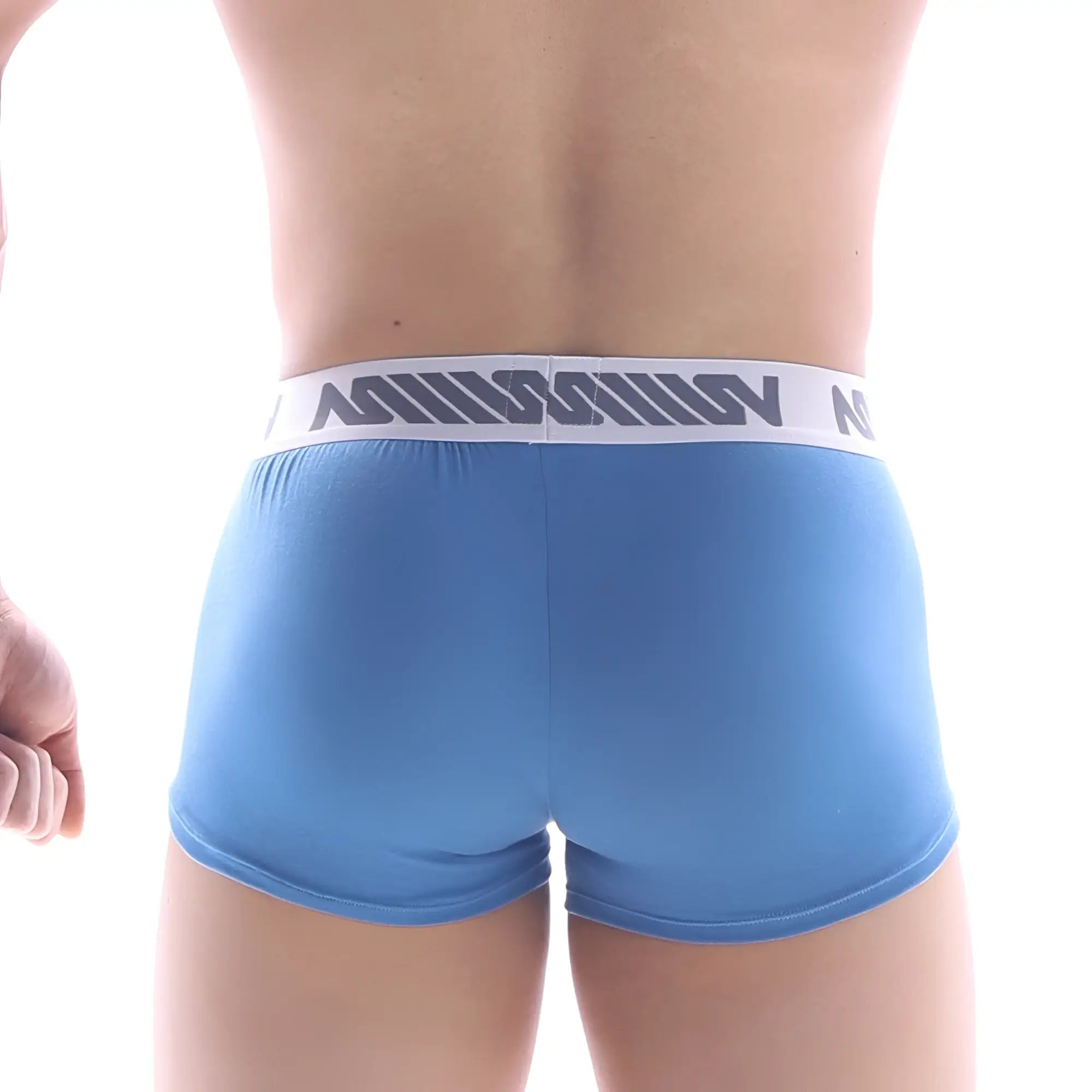 Light blue metro male wear pocket short boxer with white elastic waistband and million branding in gray lettering