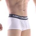 White men’s briefs with a navy blue waistband and metromale logo in white metro male wear pocket short boxer white 3113-00