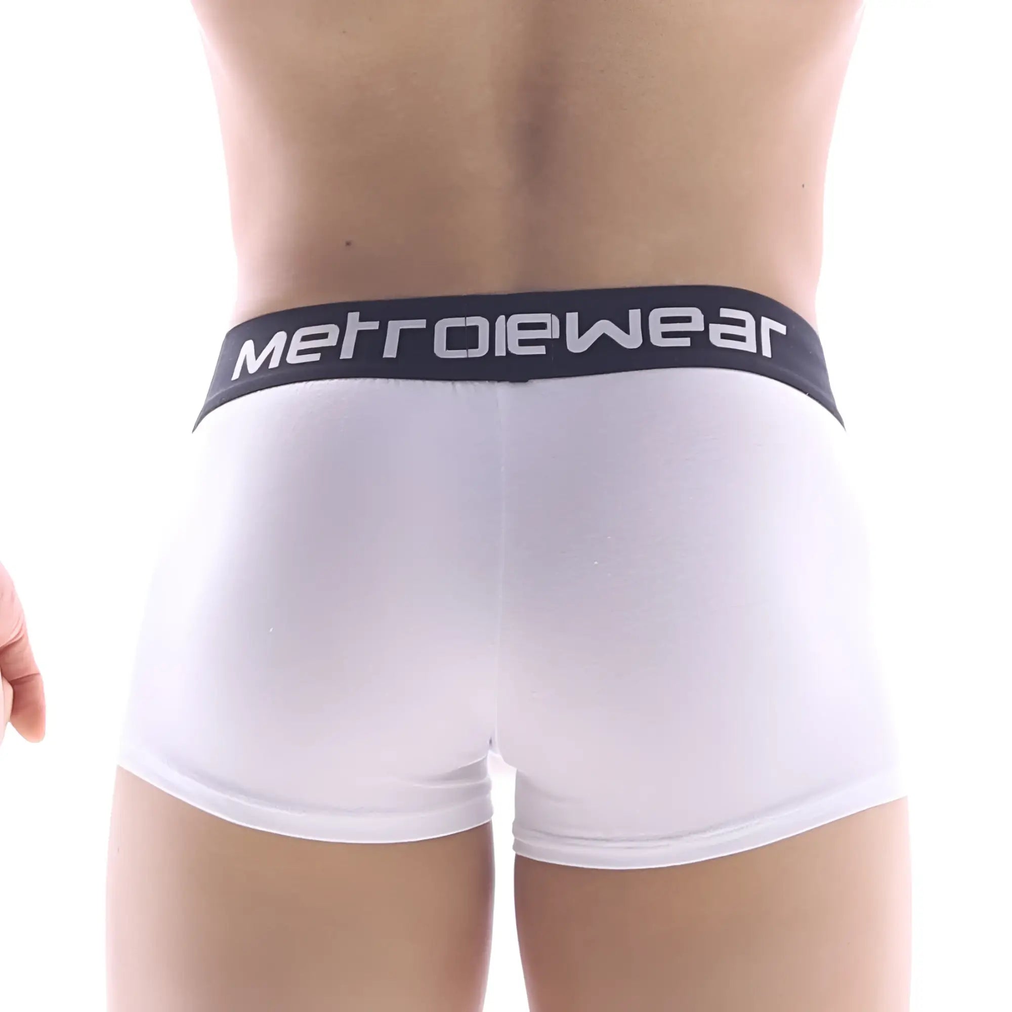 White metro male wear pocket short boxer briefs with black branded waistband in white lettering
