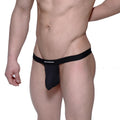 Black mesh MetroMaleWear pocket thong with solid black waistband and white Metroweare brand name lettering