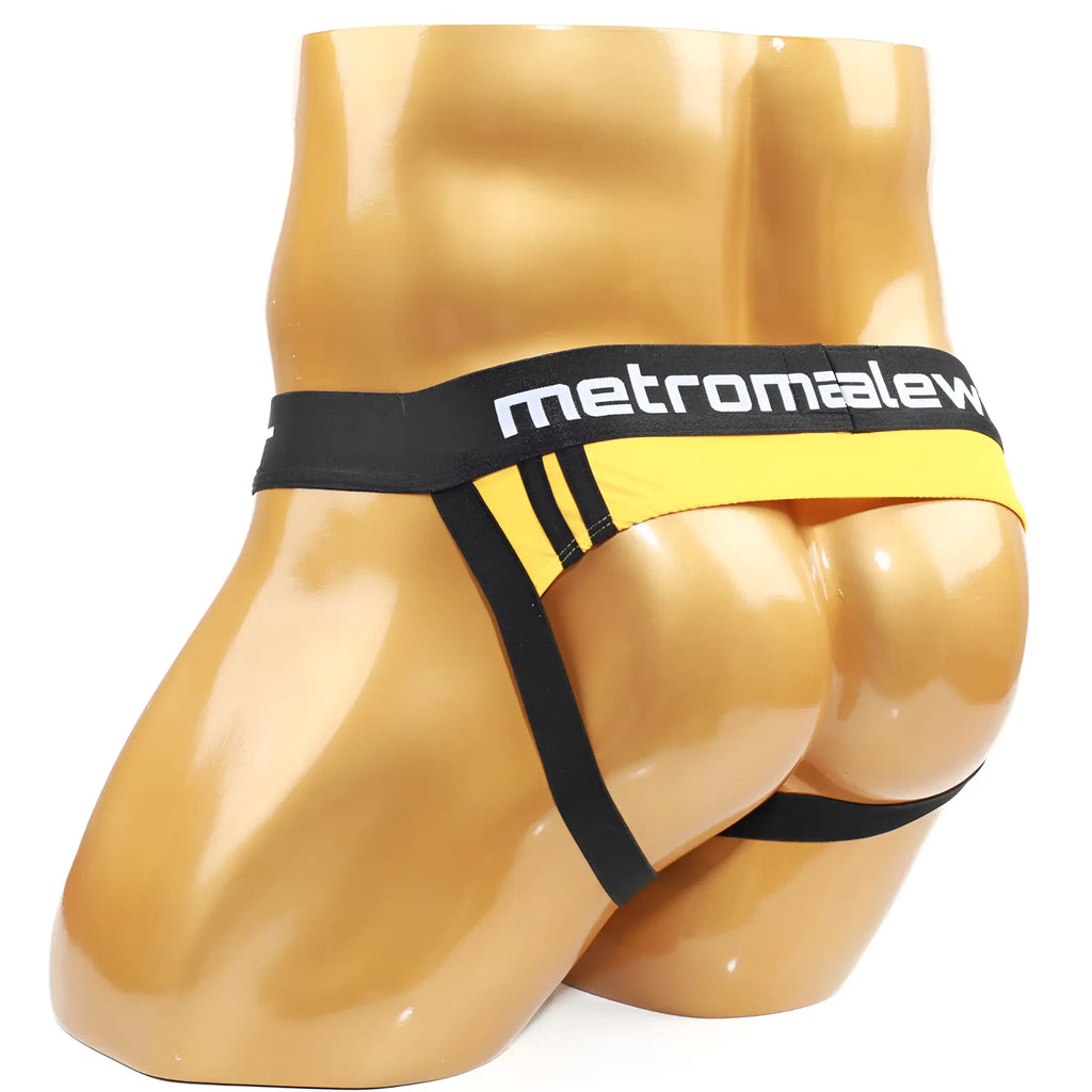 Black and yellow metromale athletic briefs with bold stripes in the metromalewear poderoso jock strap mango 2041-15 design