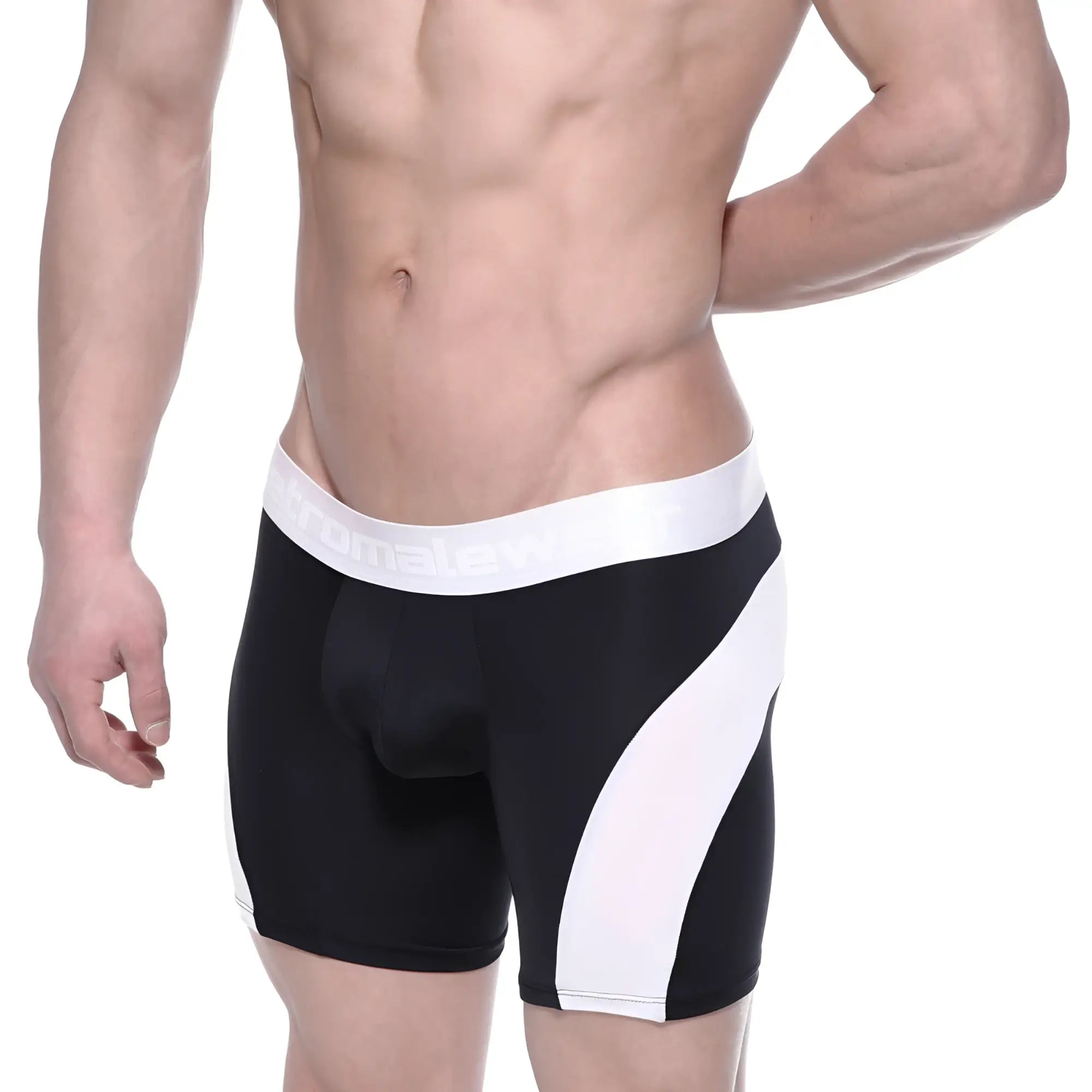 Black and white polyester mid boxer briefs with bold diagonal stripes sleek modern design metro male wear