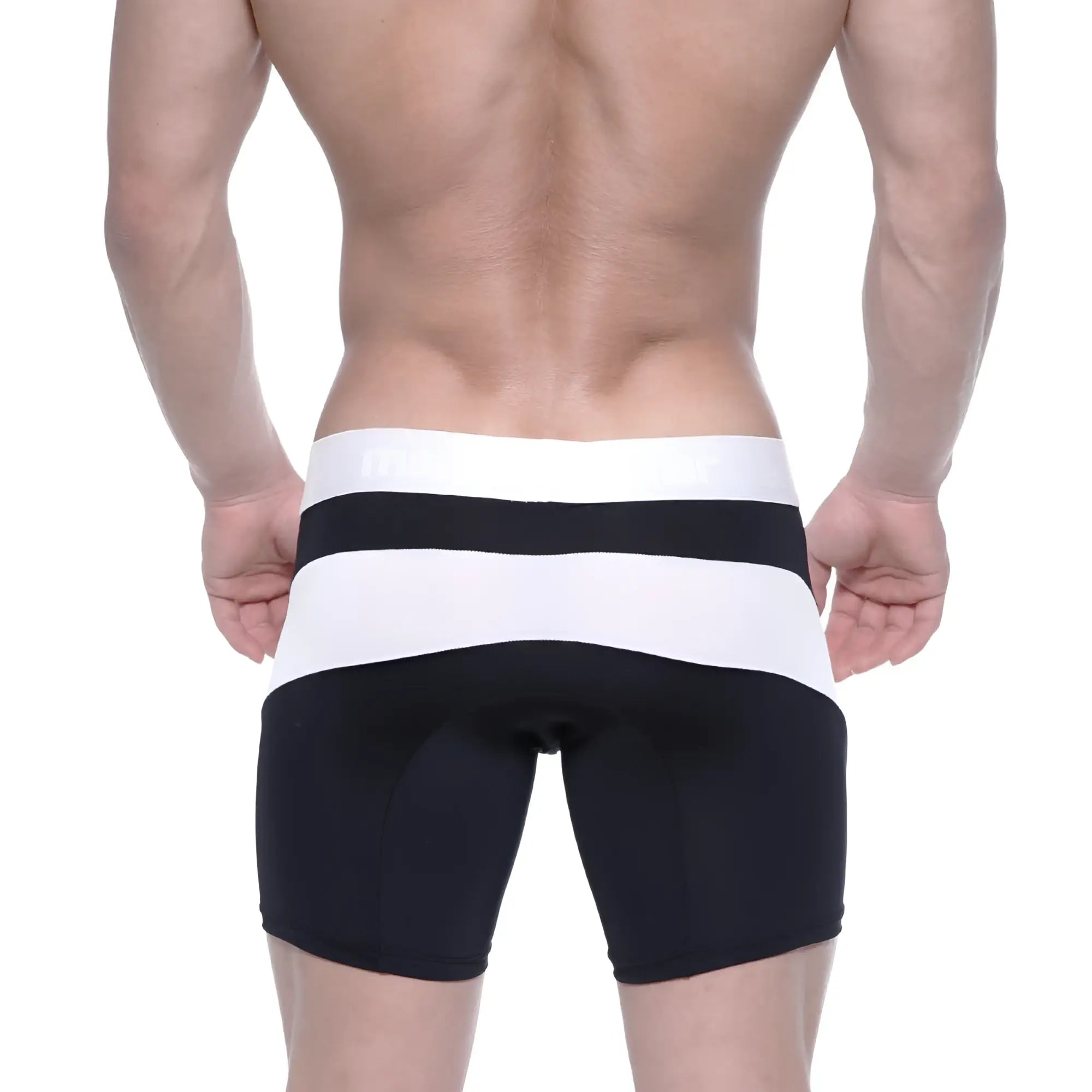 Black and white striped polyester metro male wear mid boxer arc 10 inch athletic briefs with a snug fit