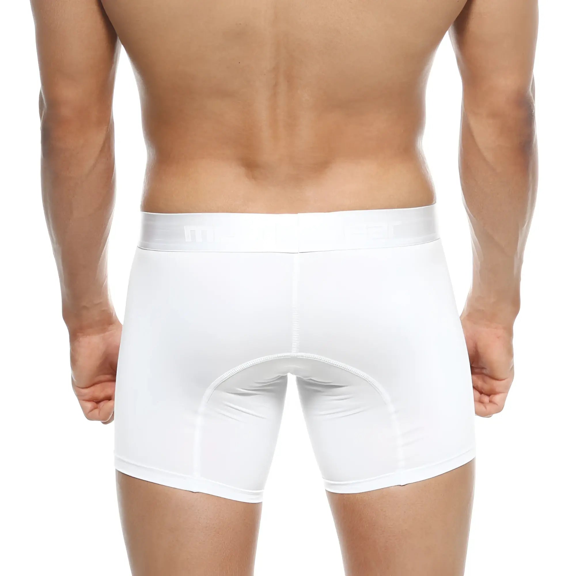 White men’s polyester boxer briefs metro malewear mid fit crystal 10 inch with snug fit and reinforced seams
