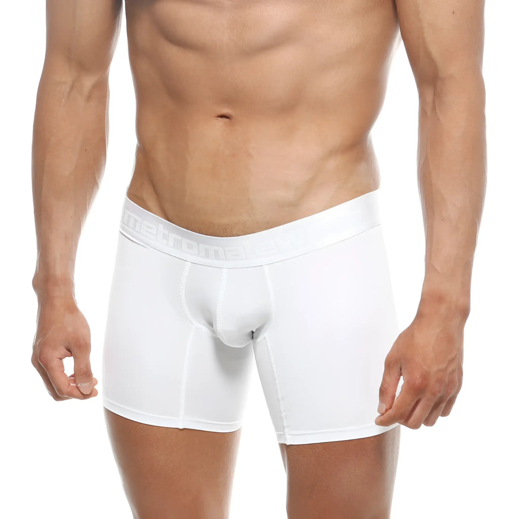 White men’s polyester boxer briefs with subtle men4one embossed elastic waistband metro malewear crystal 10 inch