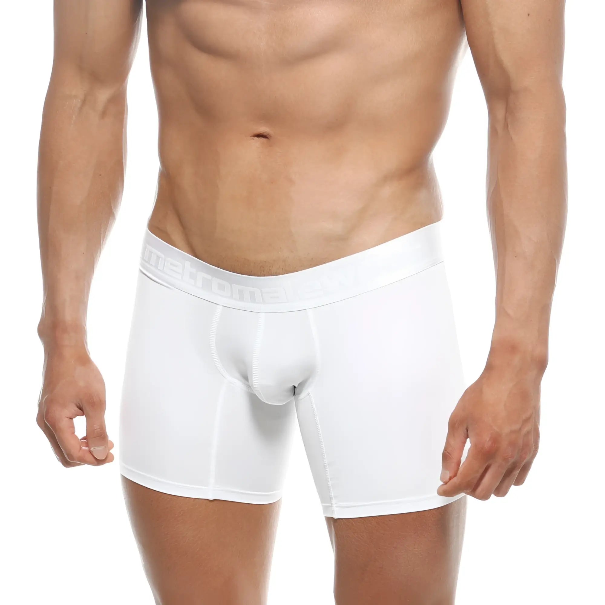 White men’s polyester boxer briefs with subtle men4one embossed elastic waistband metro malewear crystal 10 inch