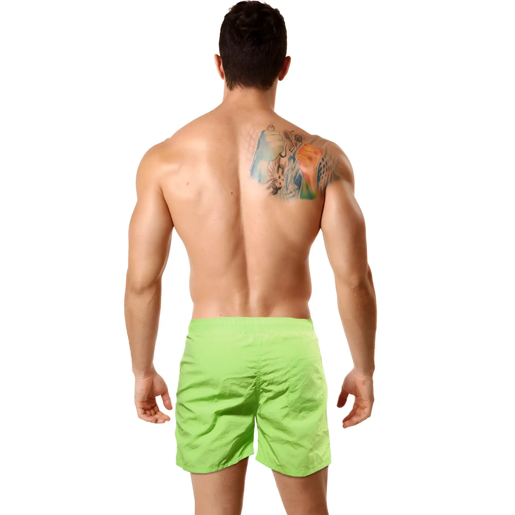 Bright lime green neon green MetroMaleWear pool party shorts made of lightweight swimwear fabric for swimming