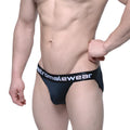 Black men’s briefs with a white metromalewear logo on the waistband in the metroMalewear pops bikini jock strap black 3041-20