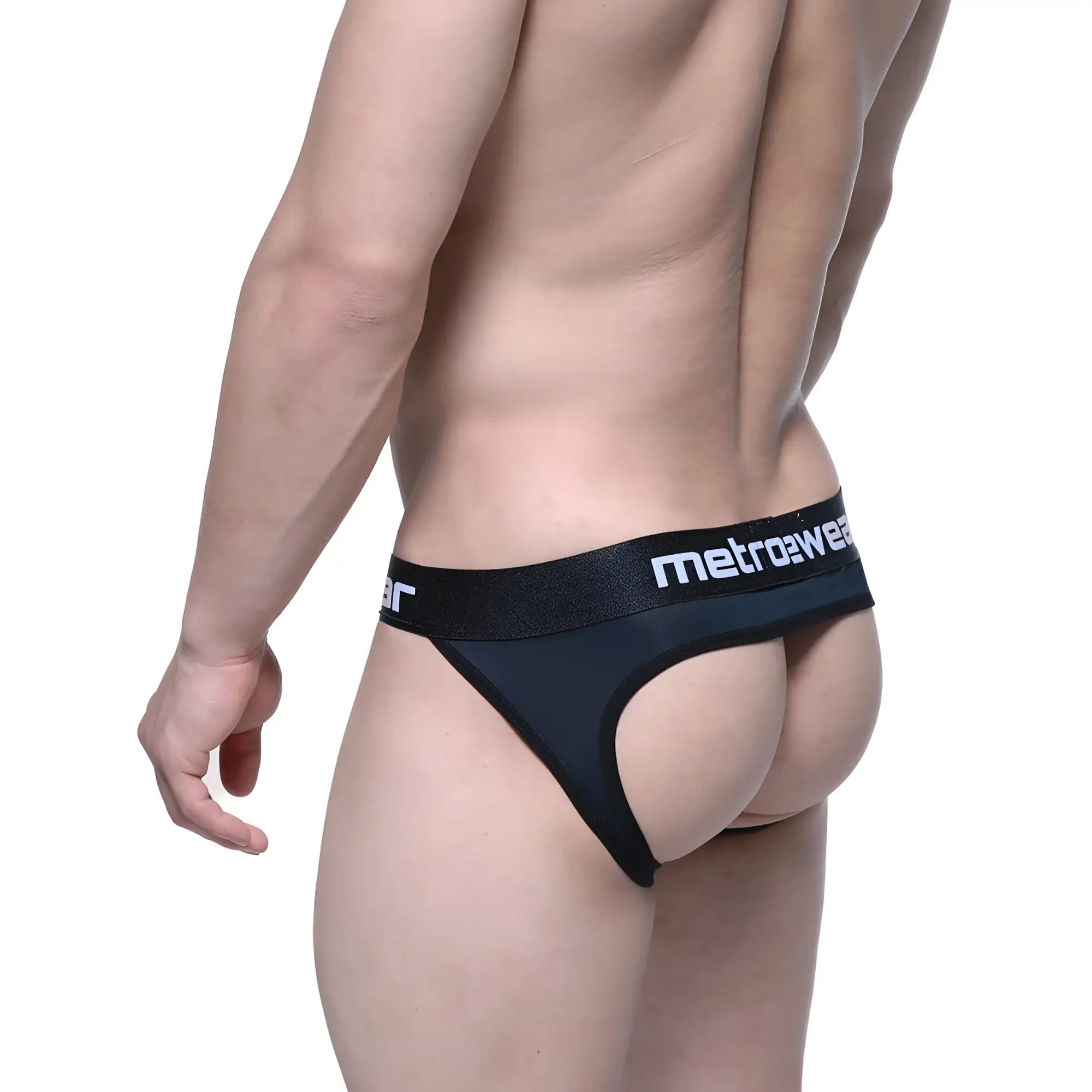 Black metrowear pops bikini jock strap thong with white logo waistband designed for comfortable activewear