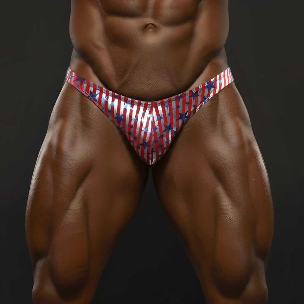 MetroMaleWear Allstar red posing suit briefs with red white and blue stripes and star accents for posing wear