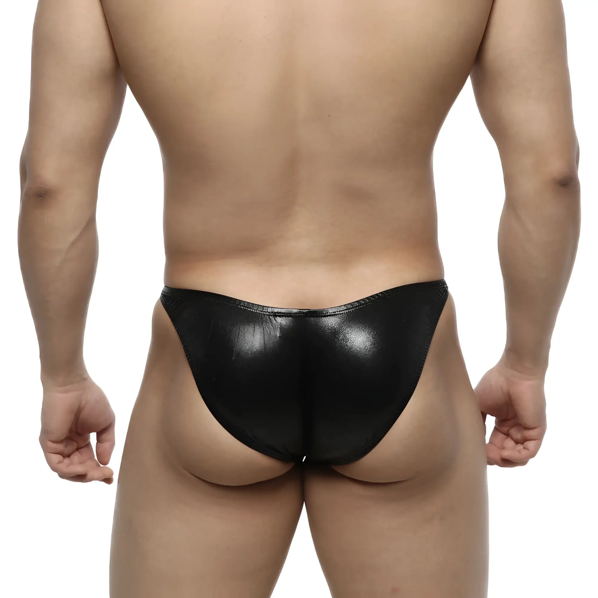 Black glossy faux leather thong with sleek minimalist design from metromalewear posingwear ifbb pro posing suit leather