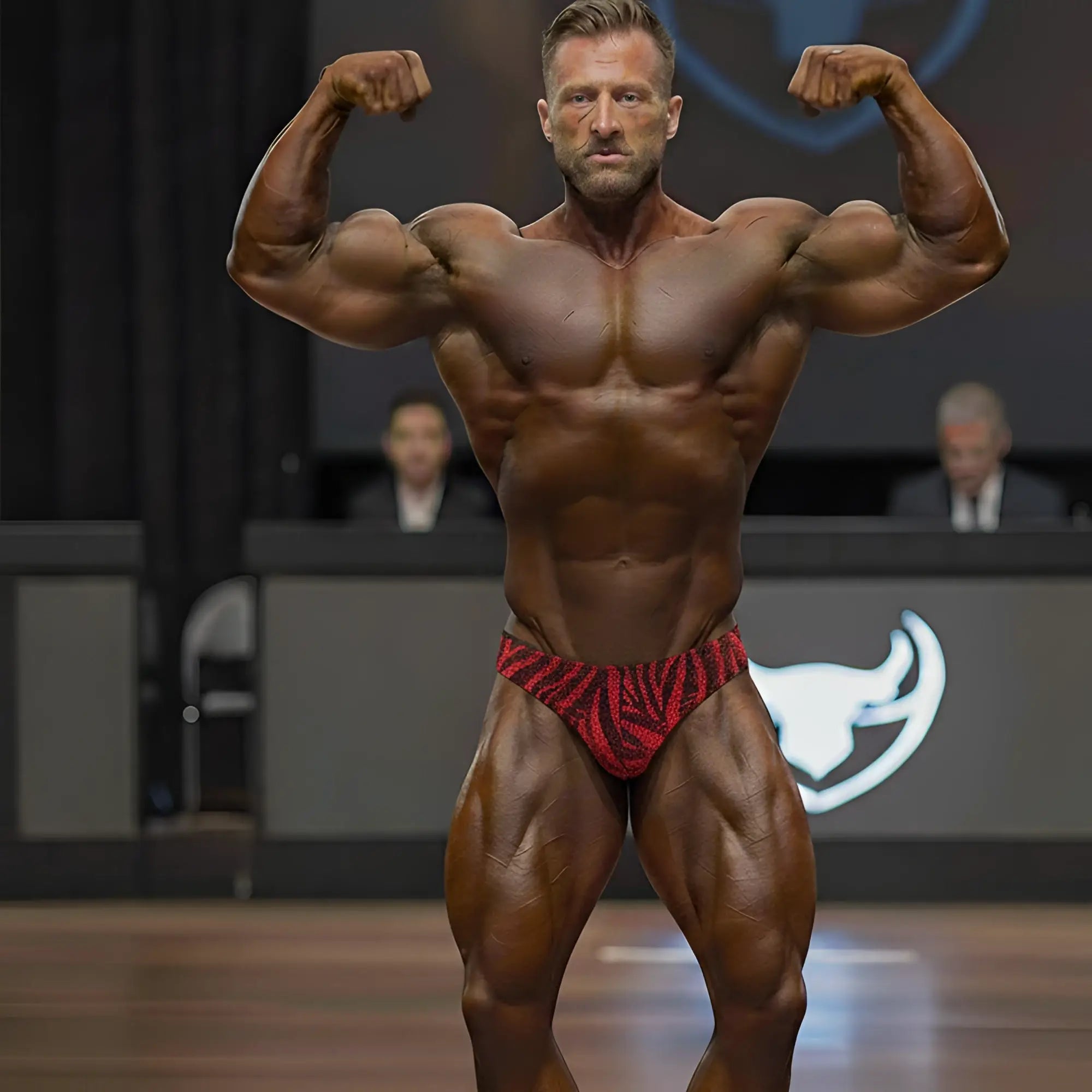 Red and black zebra-patterned competition briefs by metromalewear designed for posing wear in stretchy fabric